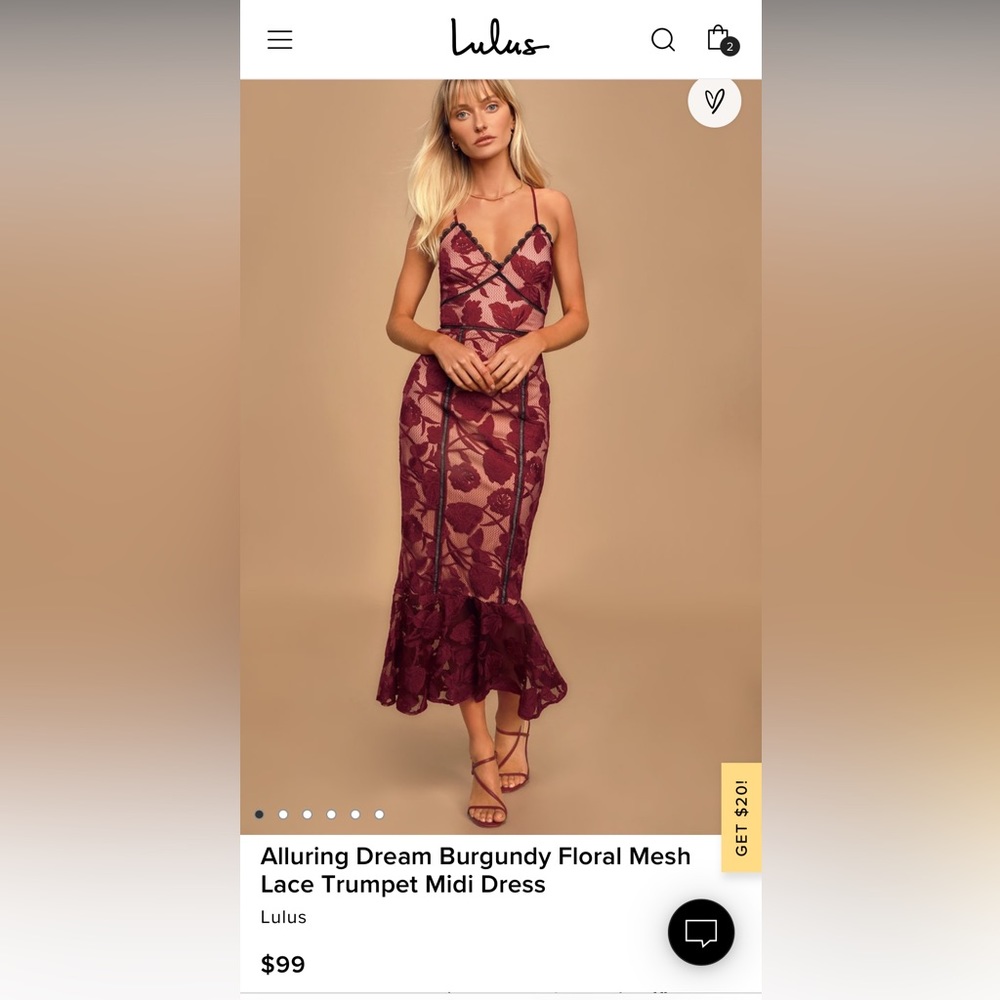 Lulu’s size medium Alluring Dream Burgundy Floral Mesh Lace Trumpet Midi Dress